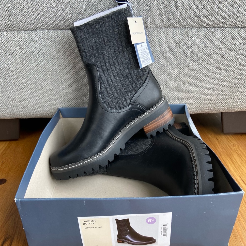 Black leather ankle boots. These boots blend comfort and fashion.